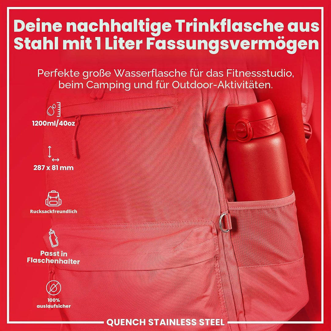 Ion8 1 Liter Edelstahl Trinkflasche, Auslaufsicher, Einhandöffnung, Sichere Verriegelung, Spülmaschi