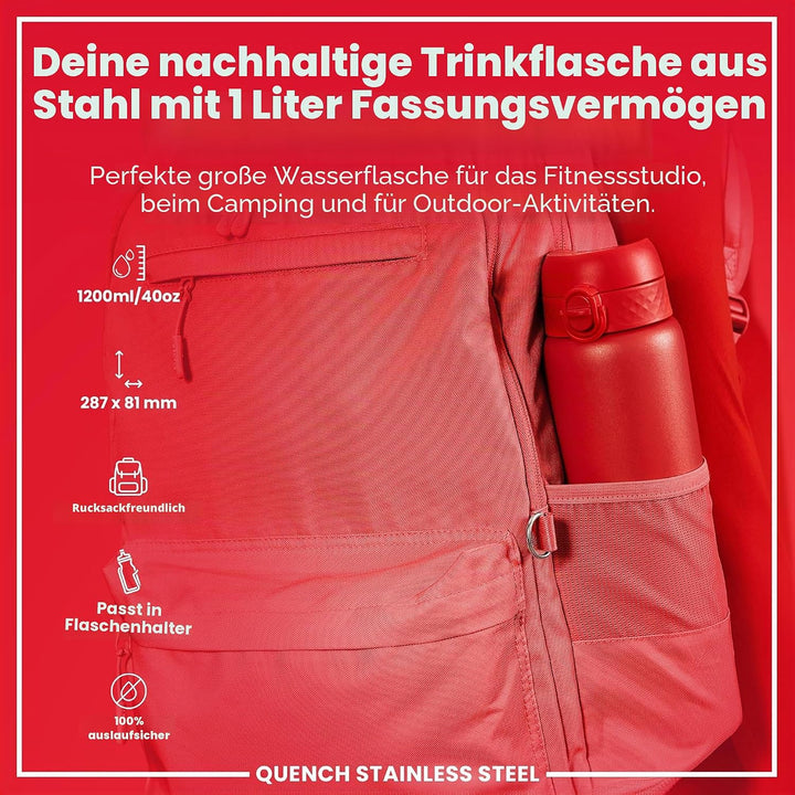 Ion8 1 Liter Edelstahl Trinkflasche, Auslaufsicher, Einhandöffnung, Sichere Verriegelung, Spülmaschi