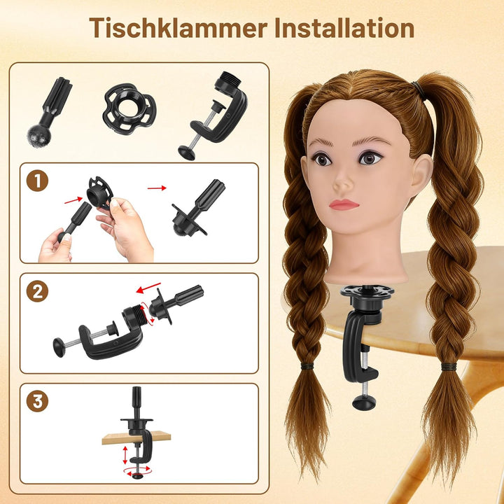 TwoWin Friseurkopf Echthaar mit Ohrlöchern, 71 cm (28 Zoll) 100% Synthetischer Mannequin Frisierkopf