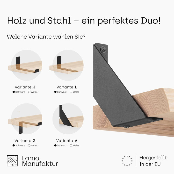 LAMO Manufaktur Holzregal mit weissen V-förmigen Halterungen | Wand Regal 100 cm breit für Wohnzimme