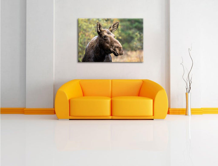 Pixxprint Elch im Wald, Format: 100x70 auf Leinwand, XXL riesige Bilder fertig gerahmt mit Keilrahme