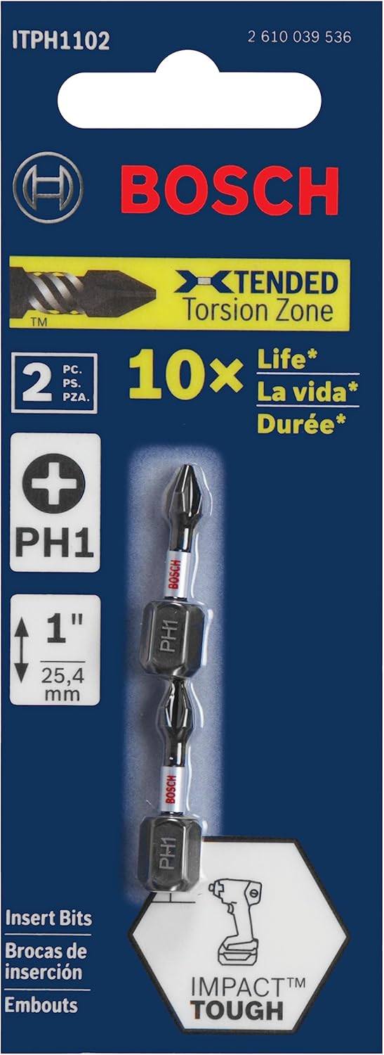 BOSCH ITPH1102 2er Pack 2,5 cm Phillips #1 Schlagfeste Schraubendrehereinsätze Phillips #1 1 In., Ph