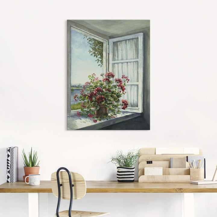 Artland Leinwandbild Wandbild Bild auf Leinwand 45x60 cm Wanddeko Fensterblick Fenster Blumen Botani