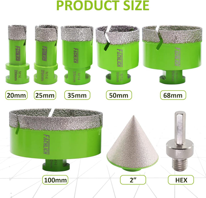 FACHLICH Diamant Fliesenbohrer Set - 20/25/35/50/68/100mm 8 Stücke mit 50mm Fingerfräser ein Adapter