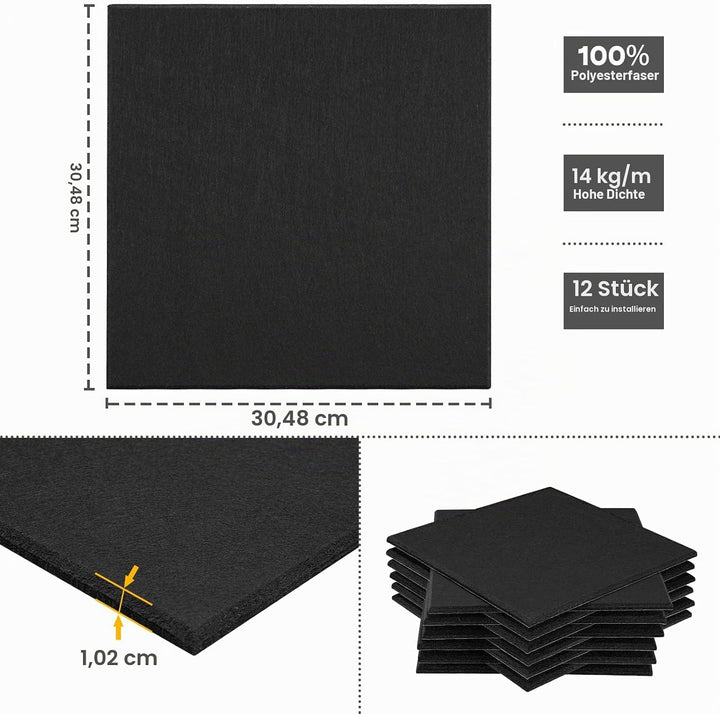 Akustikpaneele selbstklebend quadratisch 12St. JAMELO Akustikplatten aus Polyester zur Schalldämmung