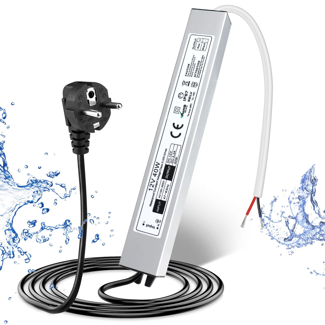 LED Trafo 12V 40W IP67 Wasserdicht Transformator mit Stecker, LED Netzteil Treiber 230V auf DC 12 Vo