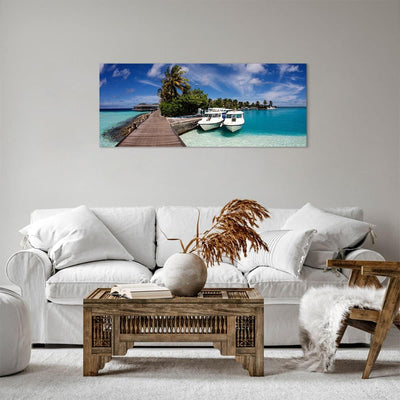 Bilder auf Leinwand 100x40cm Leinwandbild Maledische Insel Archipel Ozean Hütte Gross Wanddeko Bild