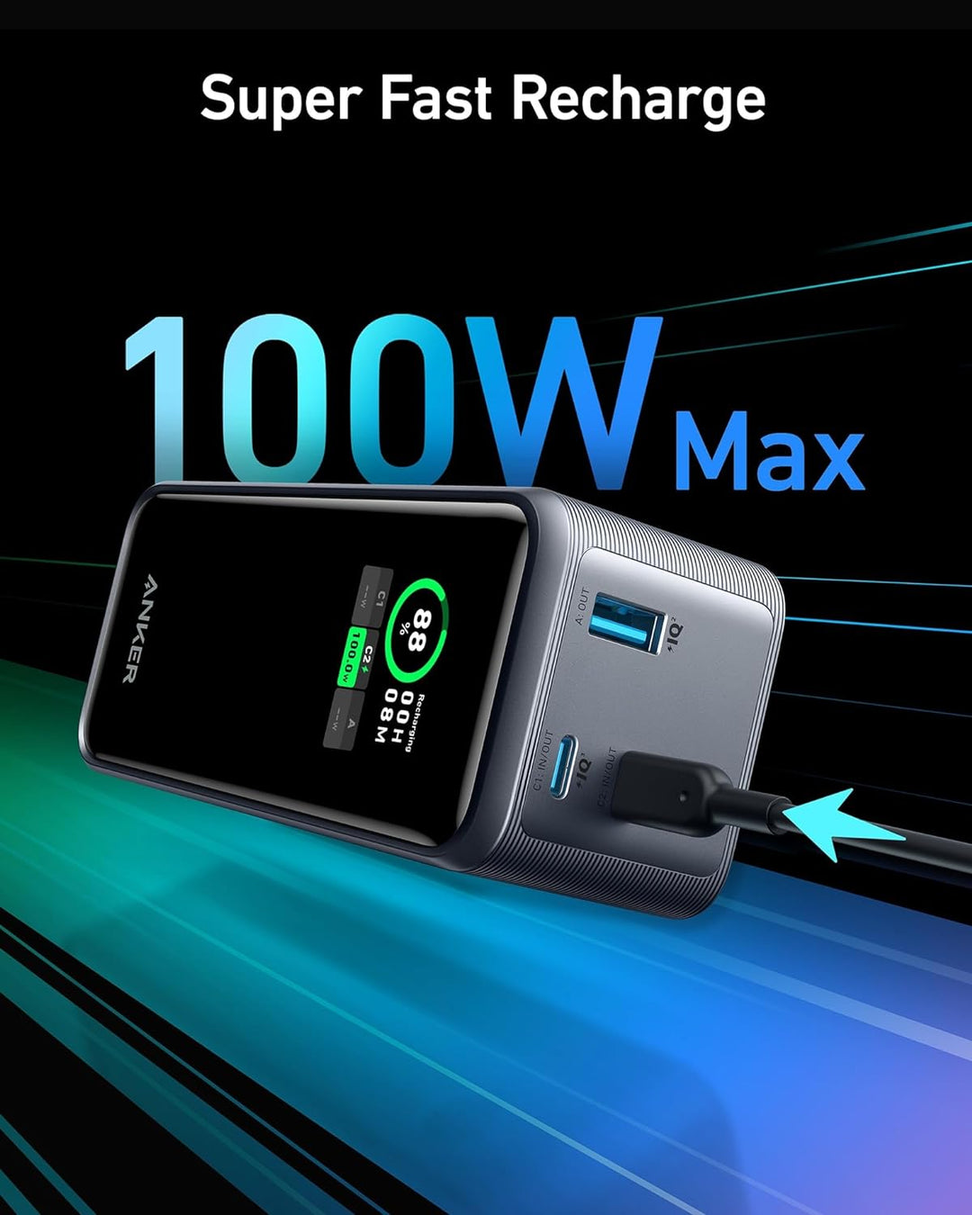Anker Prime Powerbank, 20.000mAh externer Akku mit 200W Leistung, Digitales Display, 2X USB-C und 1x
