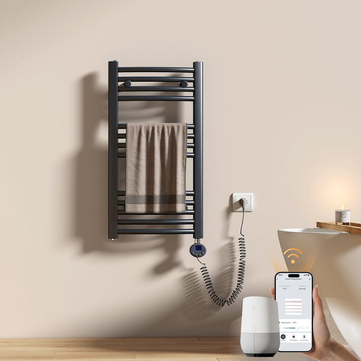 EMKE WiFi Badheizkörper Elektrisch 750x400 mm, Gebogen Handtuchheizkörper Elektrisch, Elektrischer H