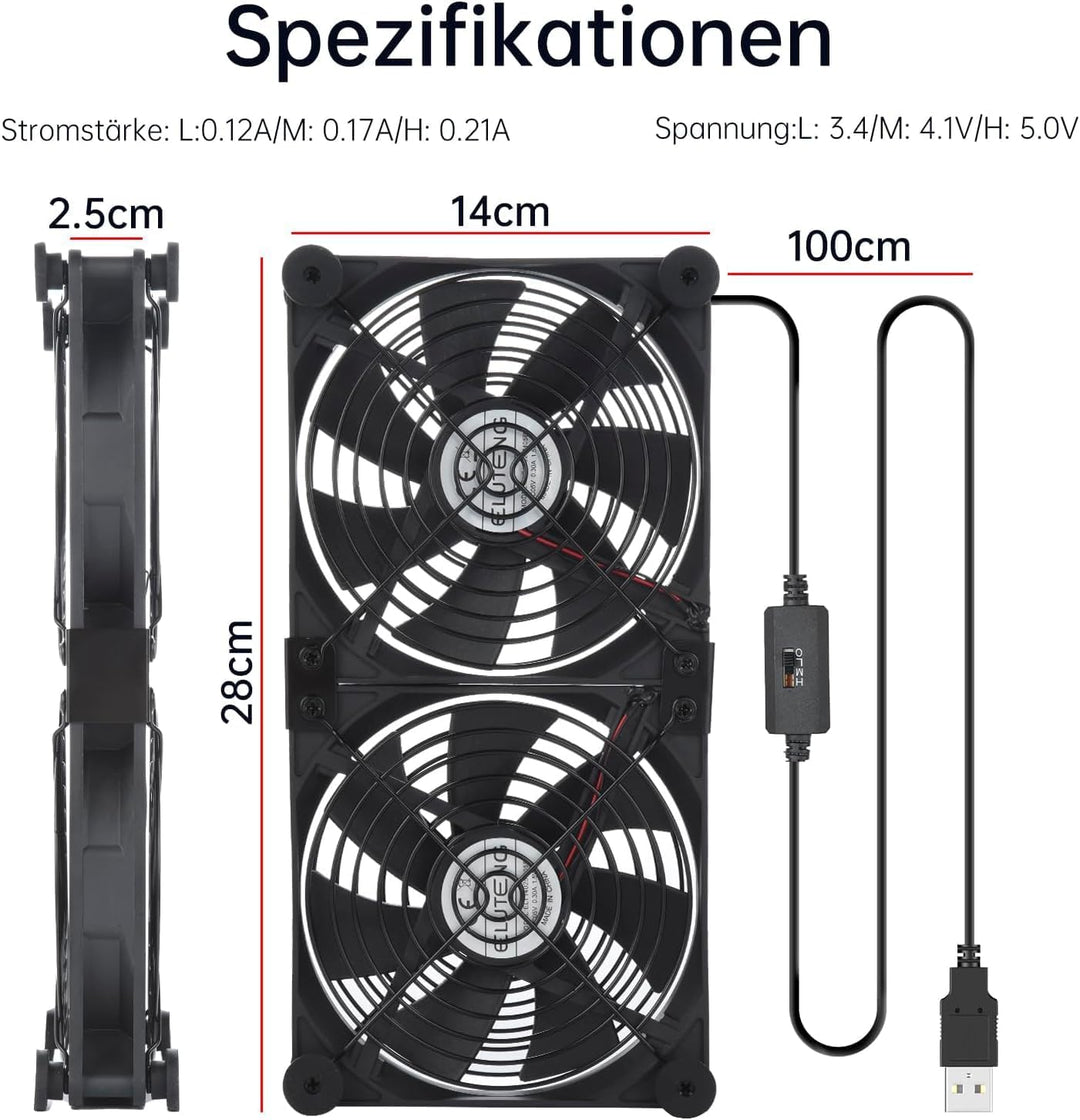 ELUTENG USB Lüfter 140mm 5V 2 in 1 mit 3 Einstellbare Geschwindigkeiten, Doppelt USB Computer Ventil