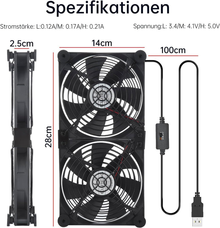 ELUTENG USB Lüfter 140mm 5V 2 in 1 mit 3 Einstellbare Geschwindigkeiten, Doppelt USB Computer Ventil