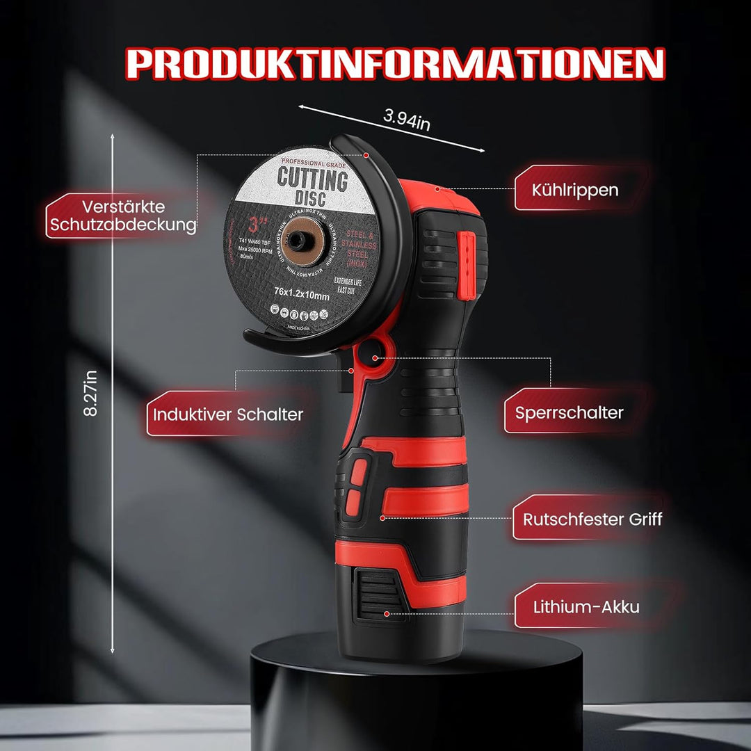 Akku Winkelschleifer 19500RPM | Mini Akku Flex Set mit 2x 2000mAh Akku & 2 Trennscheiben, 2x76mm Min