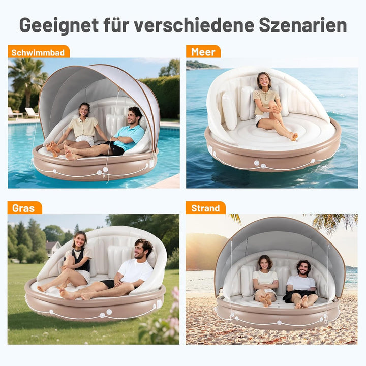 COSTWAY Aufblasbare Badeinsel mit einziehbarem Dach, Schwimminsel mit 3 bequemen Kissen, SPF 50+, Sc