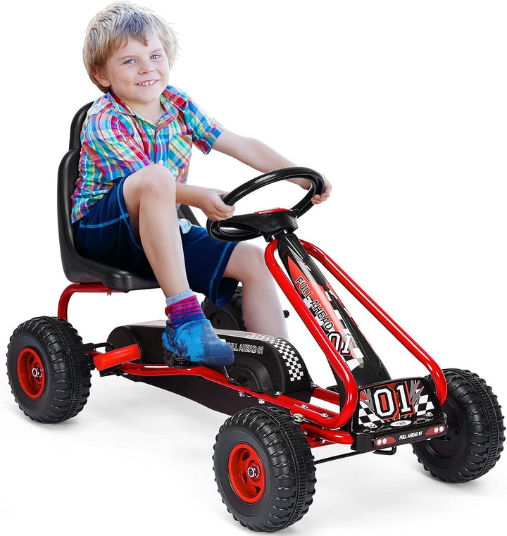 GOPLUS Gokart mit verstellbarem Sitz, Tretauto mit Handbremse und geschlossener Kettenabdeckung, Vor