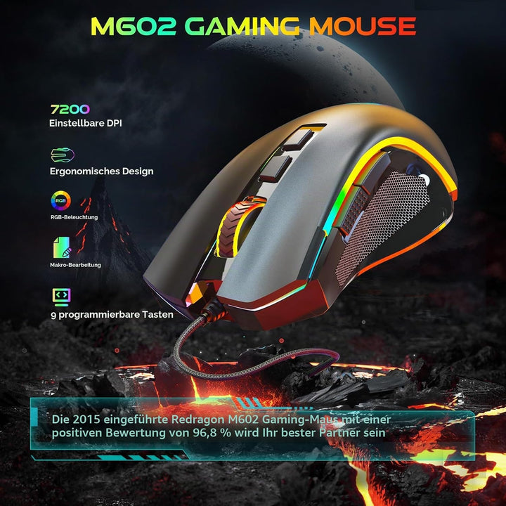 Redragon M602 Gaming Maus mit Kabel, Wired Computer Mouse Gaming mit Treiber, 7 Programmierbare Tast
