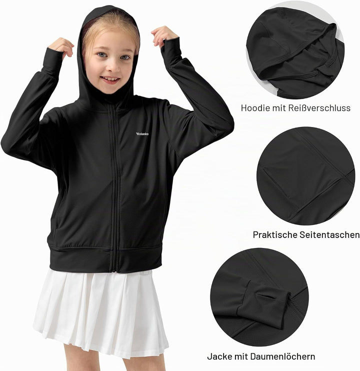 Rolanko Mädchen Sommerjacke mit Daumenlöchern Langarm Sonnenschutz Schnell Trocknend Reissverschluss