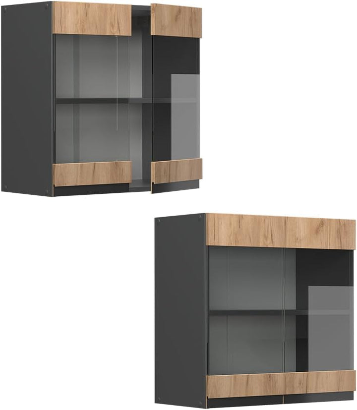 Vicco Küchenschrank Glas R-Line, Goldkraft Eiche/Anthrazit, 60 cm J-Shape Goldkraft Eiche Hängeglass