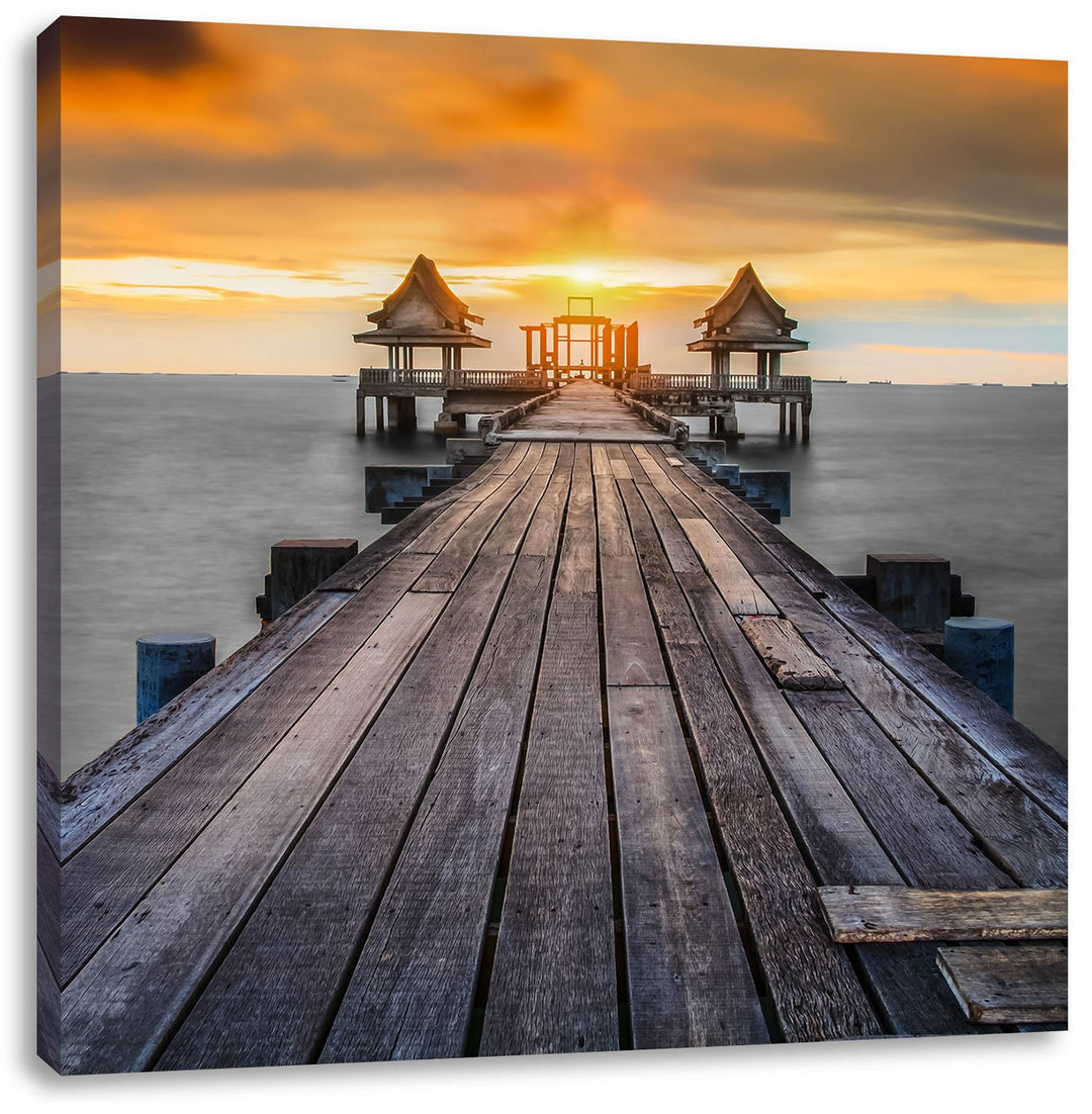 Pixxprint Alter Bootssteg beim Sonnenuntergang schwarz/weiss, Format: 70x70 auf Leinwand, 70x70