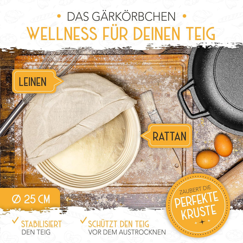 KRUSTENZAUBER Gusseisen Topf Brot Backen [inkl. Gärkorb] - Robuster 26cm gusseiserner Brottopf zum b