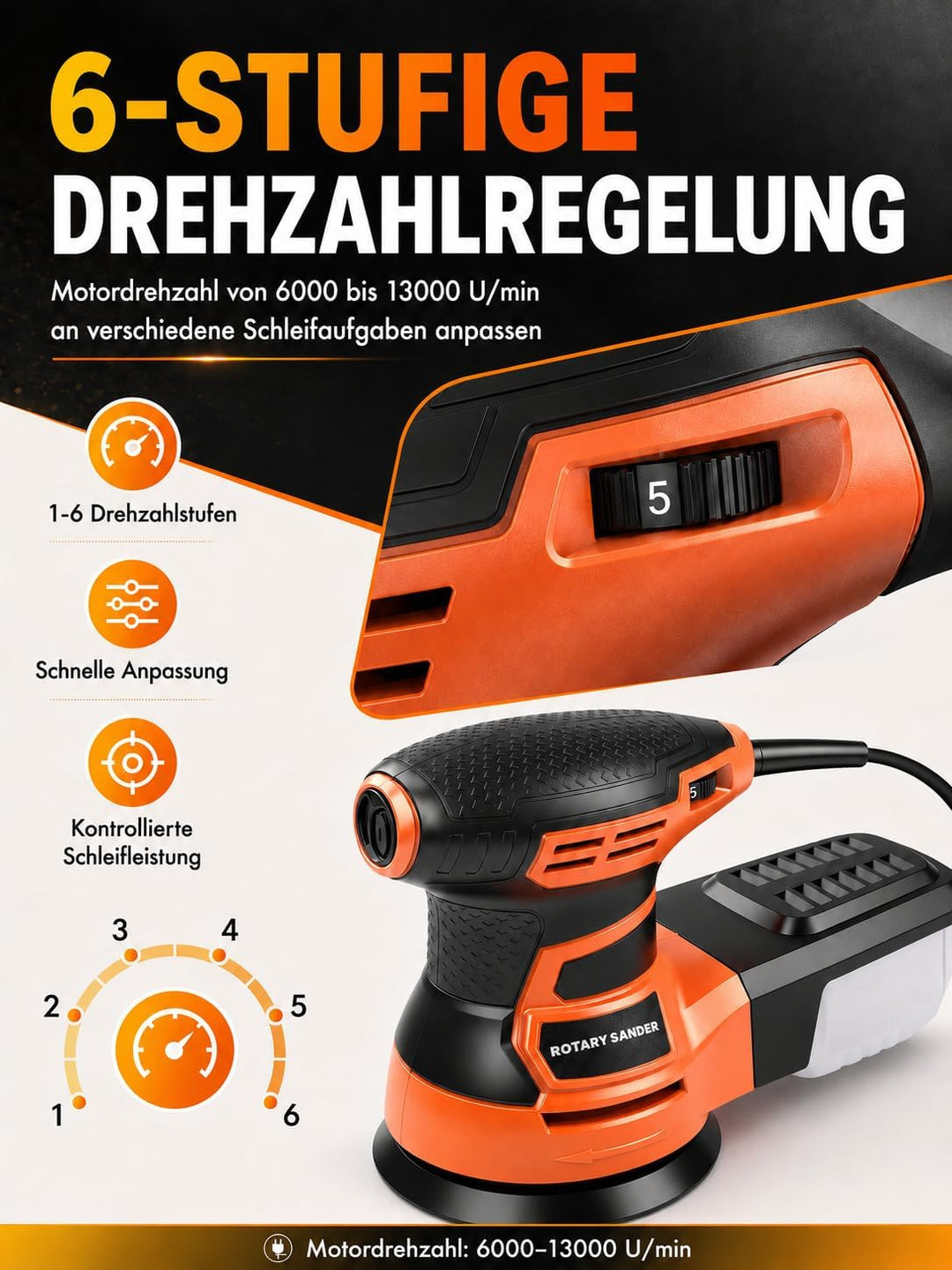 Exzenterschleifer 125mm, 350W Schleifmaschine 6000-13000 U/min, 6 Geschwindigkeiten, mit Staubabsaug
