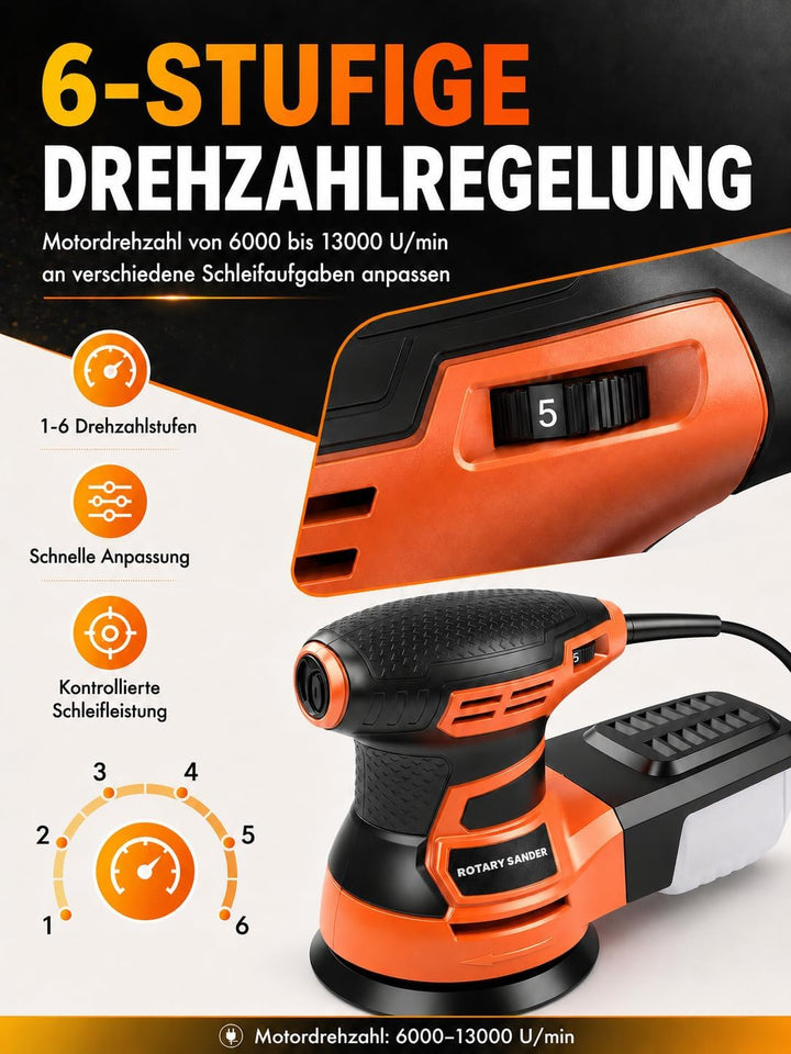 Exzenterschleifer 125mm, 350W Schleifmaschine 6000-13000 U/min, 6 Geschwindigkeiten, mit Staubabsaug