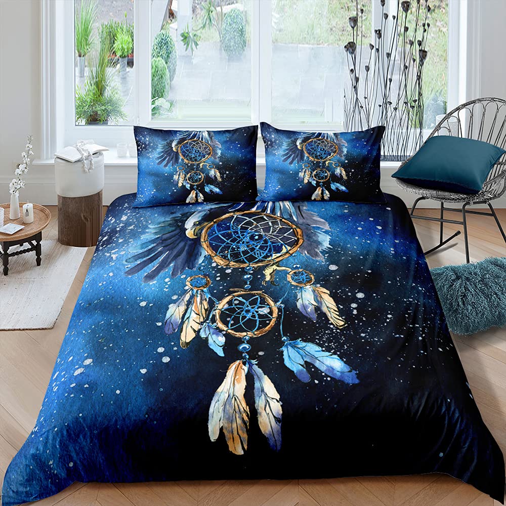 Michorinee Bettwäsche Traumfänger 135x200 Blau Federn Muster Bohemian Style Dreamcatcher Bettwäsche