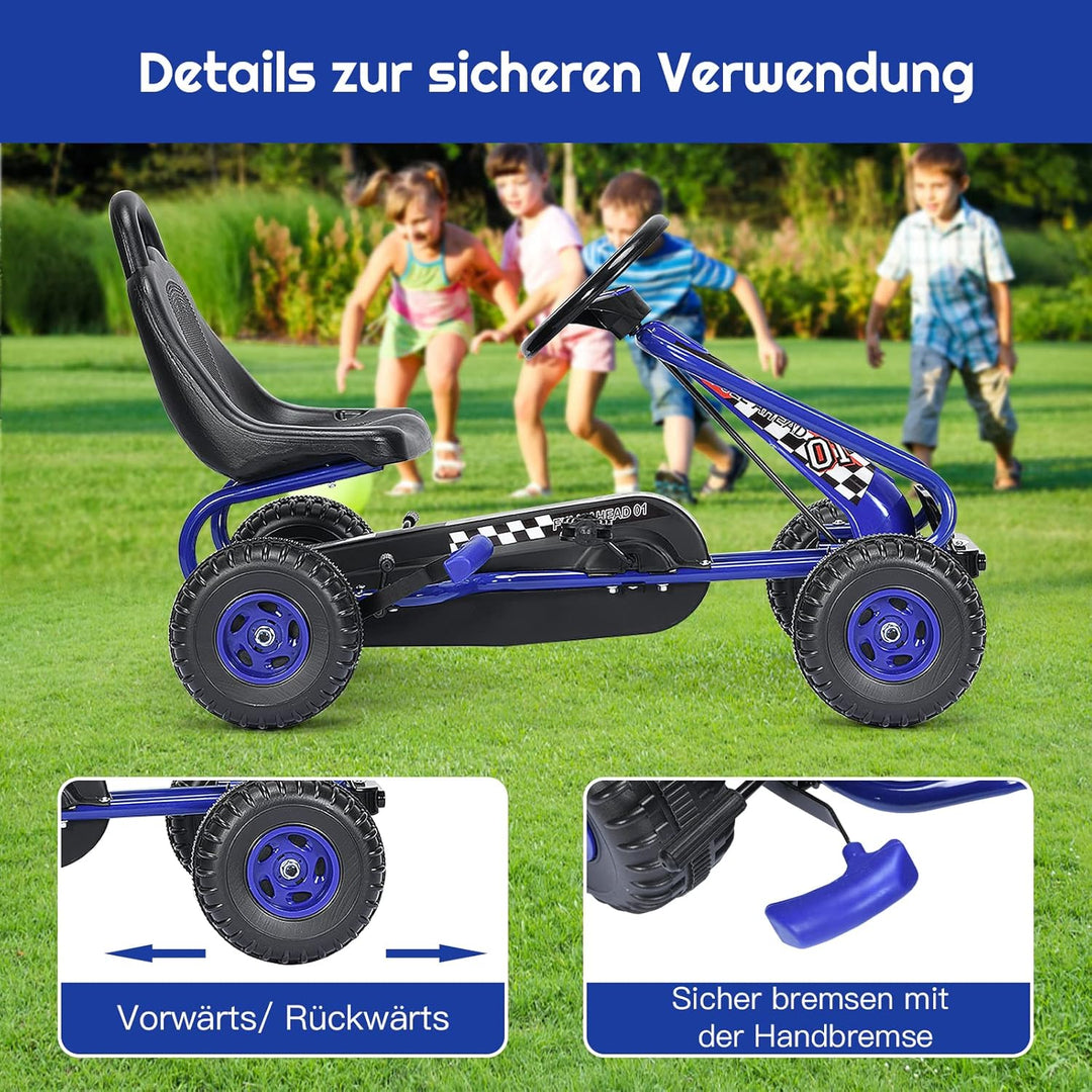 DREAMADE Gokart mit Handbremse & verstellbarem Sitz, Tretauto Tretfahrzeug mit geschlossenem Kettenk