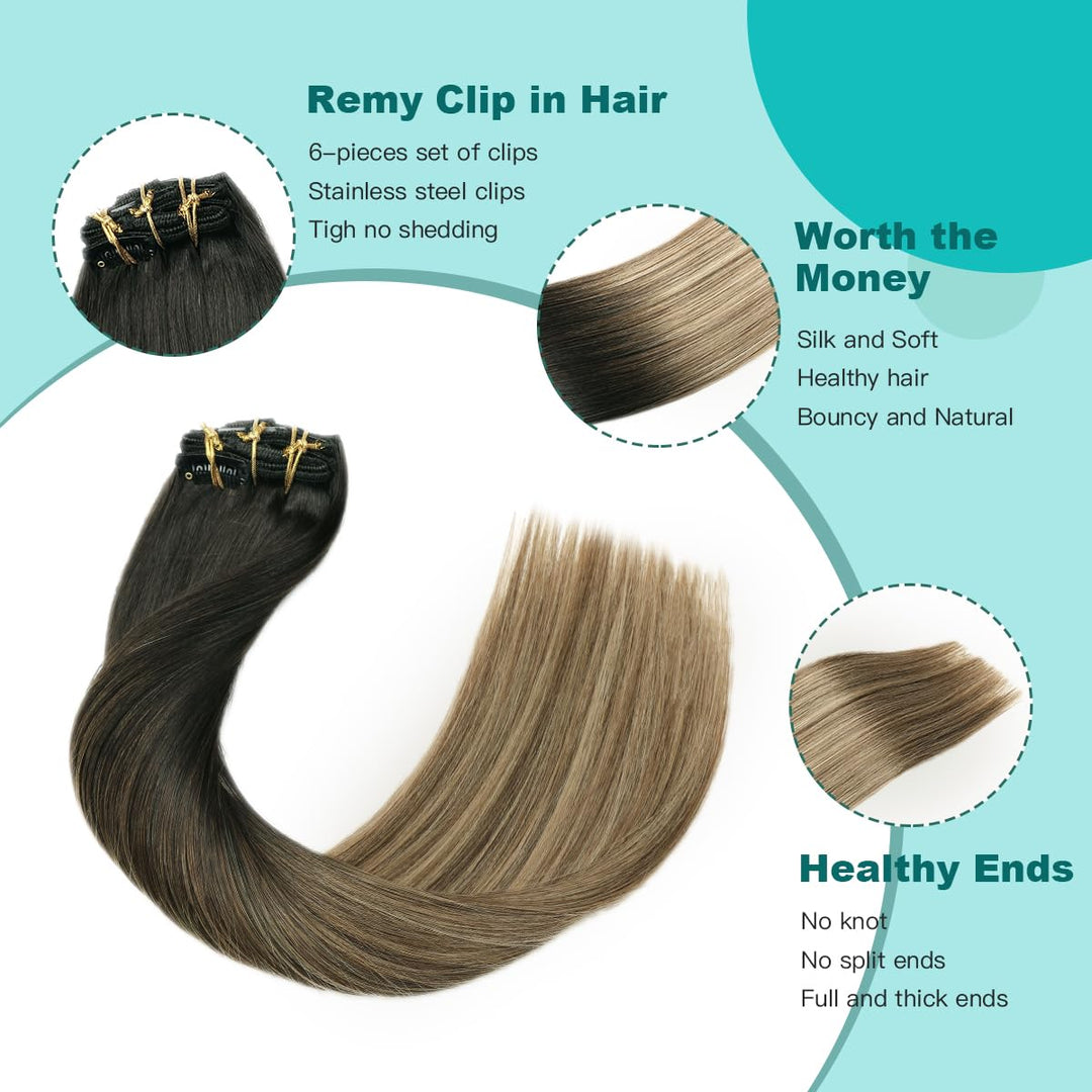 SURNEL Clip in Extensions Eechthaar, 50cm 20 Zoll 120g 6pcs Balayage Schokoladenbraun bis Karamellbl