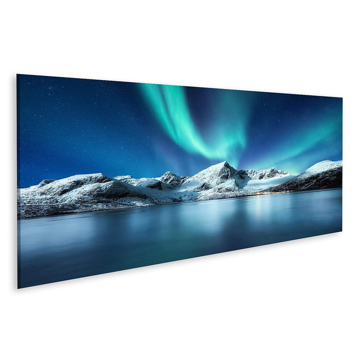 islandburner Bild auf Leinwand Aurora Borealis Lofoten Inseln Norwegen Nordlichter Berge Reflexion W