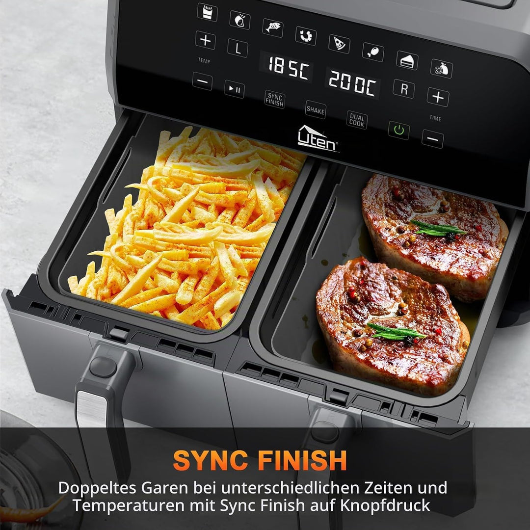 Uten Doppel Heissluftfritteuse, 8L Heissluftfritteuse Dual Zone, XXL Airfryer mit 2 Kammern, Silikon