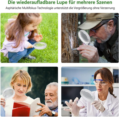 Lupe mit Licht,Leselupe mit Licht für Senioren Gross,3 Lichtmodi USB Wiederaufladbar,Beleuchtete Lup