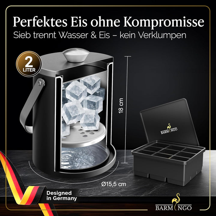 BARMINGO Edelstahl Eiswürfelbehälter mit Deckel - 2l Eisbehälter mit Sieb, Eiswürfelform, Zange | Ei