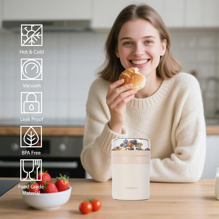 SANTECO Müslibecher to go 500ml+220ml Thermobehälter für Essen mit Löffel Hält 12 Stunden Warm, Spül