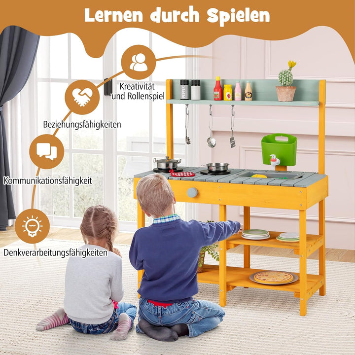 COSTWAY Matschküche Kinder Outdoor, Kinderküche Holz mit Wasserfunktion, Spielküche mit Haken & abne