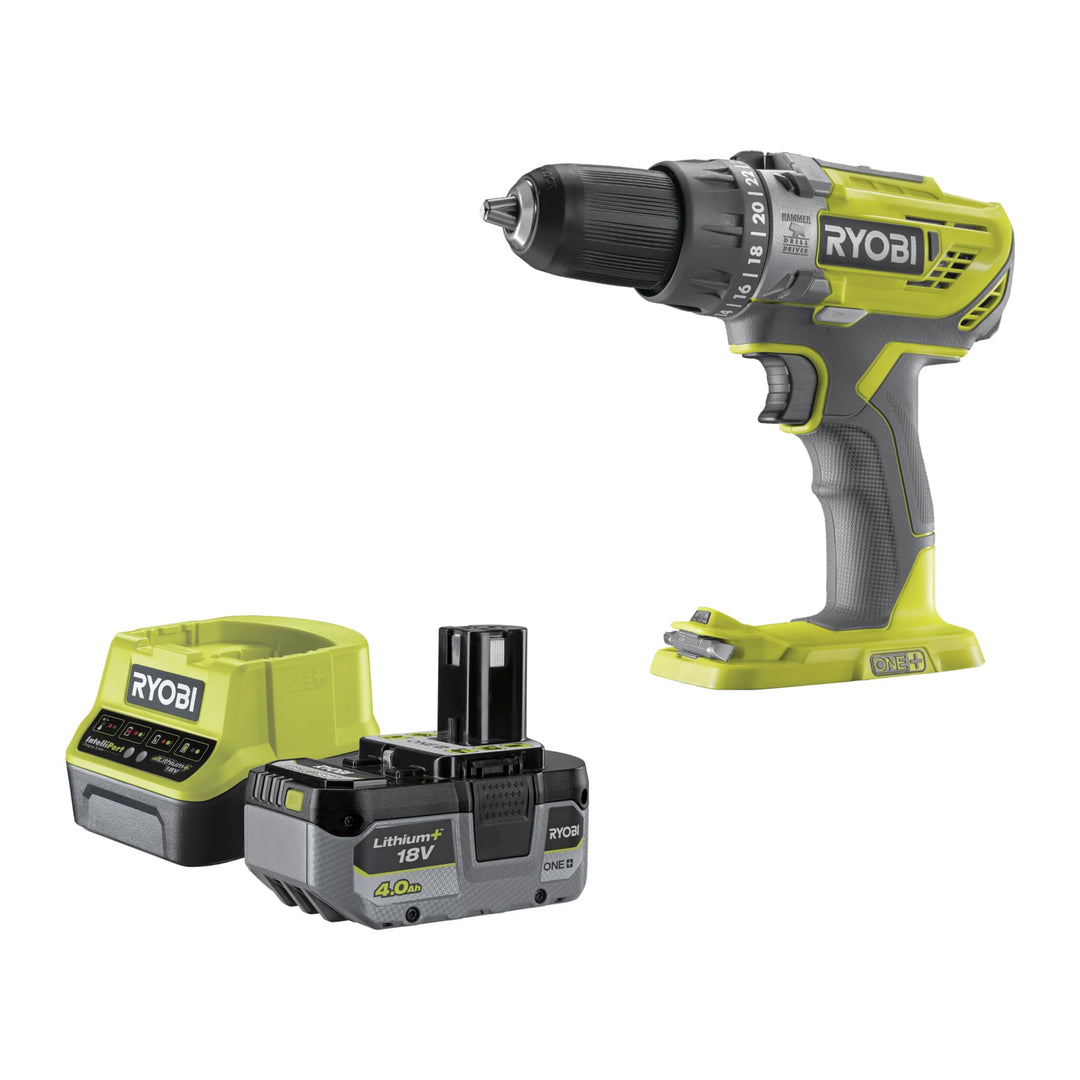 RYOBI 18 V ONE+ Akku-Schlagbohrschrauber Set R18PD3-140A, inkl. 1 x 18 V 4Ah Akku, Ladegerät, Bitset