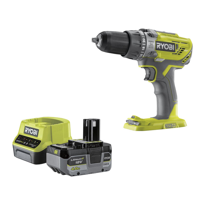 RYOBI 18 V ONE+ Akku-Schlagbohrschrauber Set R18PD3-140A, inkl. 1 x 18 V 4Ah Akku, Ladegerät, Bitset