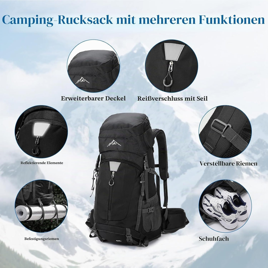 Wanderrucksack Wasserdicht 60L, Leichter Campingrucksack Sportlicher Reiserucksack Trekkingrucksack