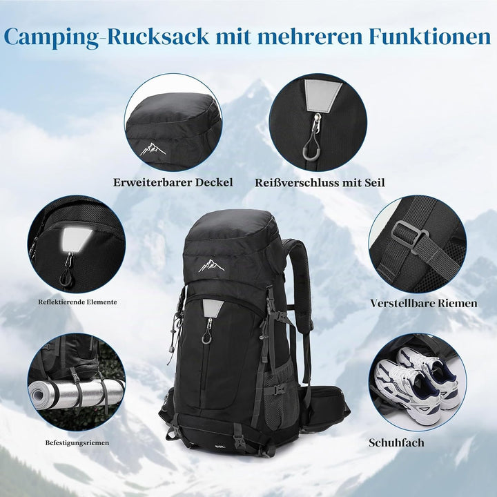 Wanderrucksack Wasserdicht 60L, Leichter Campingrucksack Sportlicher Reiserucksack Trekkingrucksack