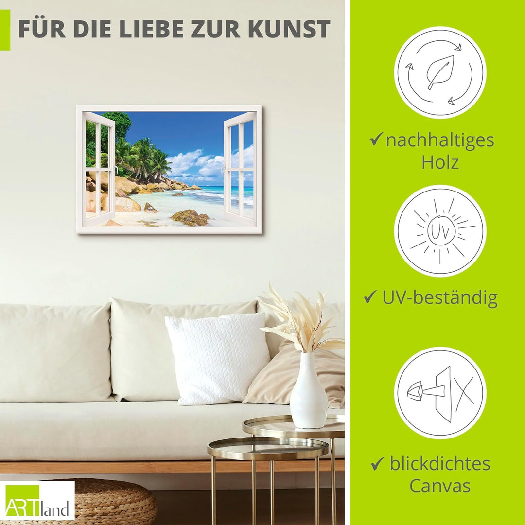 ARTland Leinwandbilder Wandbild Bild Leinwand 100x70 cm Querformat Fensterblick Strand Karibik Meer