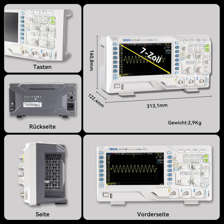 RIGOL DS1102Z-E Digitaloszilloskop, 2 Kanäle, 100MHz, 1Gsa/s, 24Mpts, 30000wfms/s, freie Trigger und