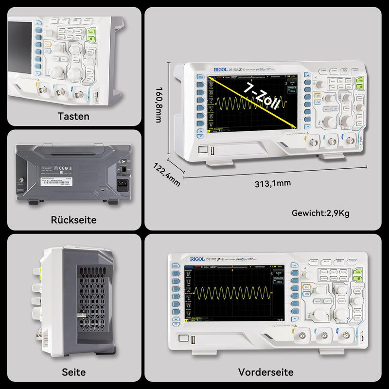 RIGOL DS1102Z-E Digitaloszilloskop, 2 Kanäle, 100MHz, 1Gsa/s, 24Mpts, 30000wfms/s, freie Trigger und