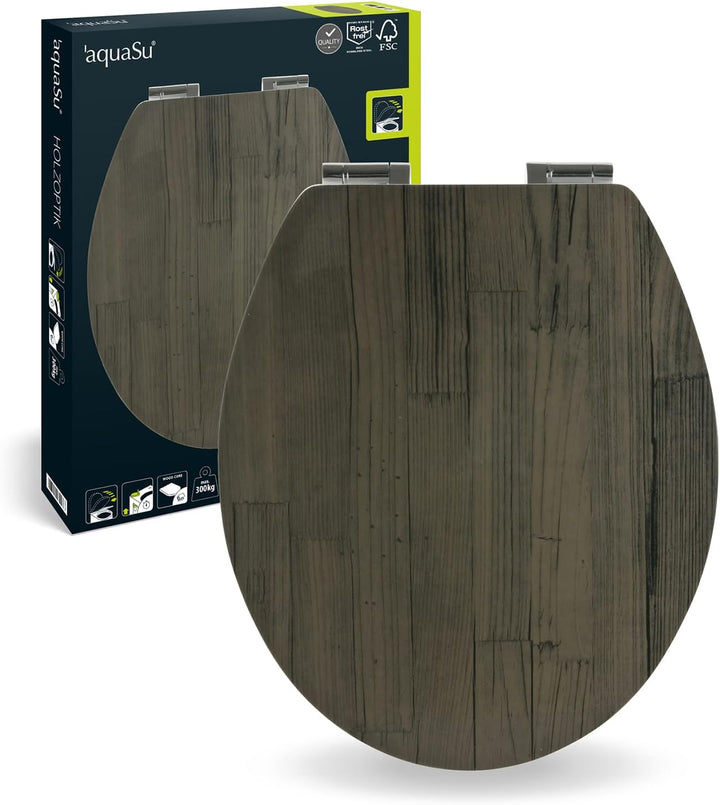 aquaSu® WC-Sitz mit Absenkautomatik, Holz Dekor Holz-Optik Anthrazit, Toilettensitz mit Holzkern, un