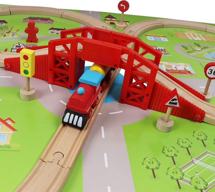 TOWO Holzeisenbahnset mit Stadtplan- Shinington-Eisenbahngleisbau Bauspielzeug für 3 Jahre alte Kind