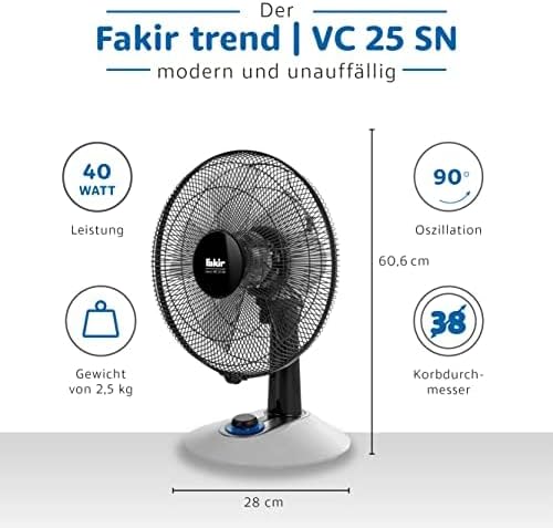 Fakir trend VC 25 N – Tischventilator mit 90° Oszillation, 4 Stufen & LED-Drehschalter, Ventilator l