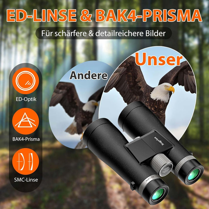 12x50 ED Fernglas für Erwachsene – Professionelles Dachkantprisma, HD-Optik, Rutschfester Griff, IPX