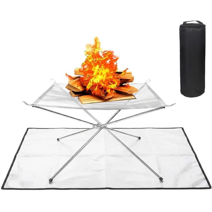 Tragbare 42cm Feuerschale Edelstahl mit 50x100cm Brandschutzmatte | Klappbare Feuerstelle Outdoor fü