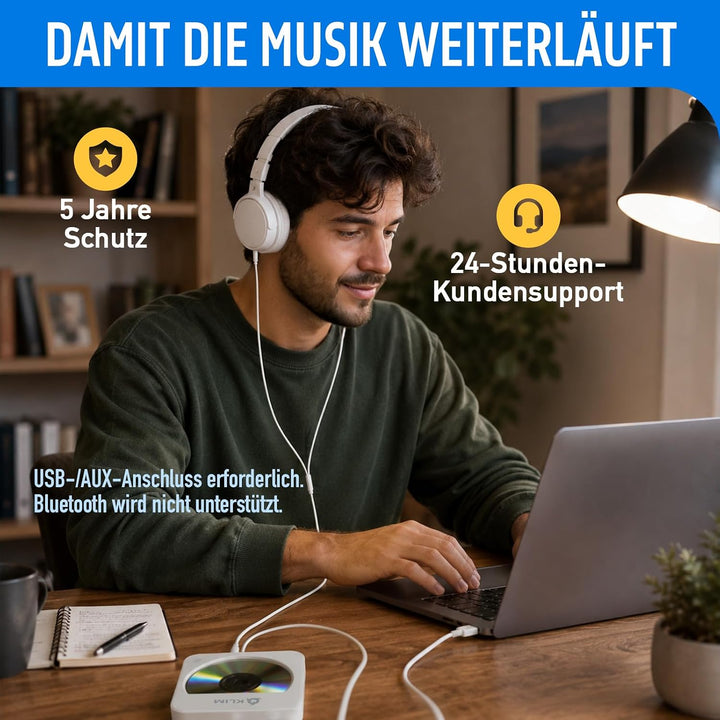 KLIM CD Player für Auto – Tragbarer USB CD Player, Externes CD-Laufwerk fürs Auto, Anti-Schock, Plug