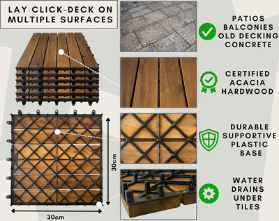 CLICK-DECK Hartholz-Terrassenfliesen, Terrasse, Balkon, Beton, Whirlpool, 30 x 30 cm, quadratische V