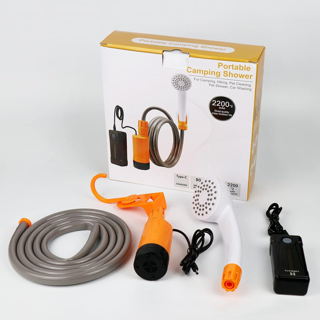 LIEBMAYA Camping Dusche Set mit Wiederaufladbarer Akku, Campingdusche mit Pumpe, Wasserpumpe mit 1,8