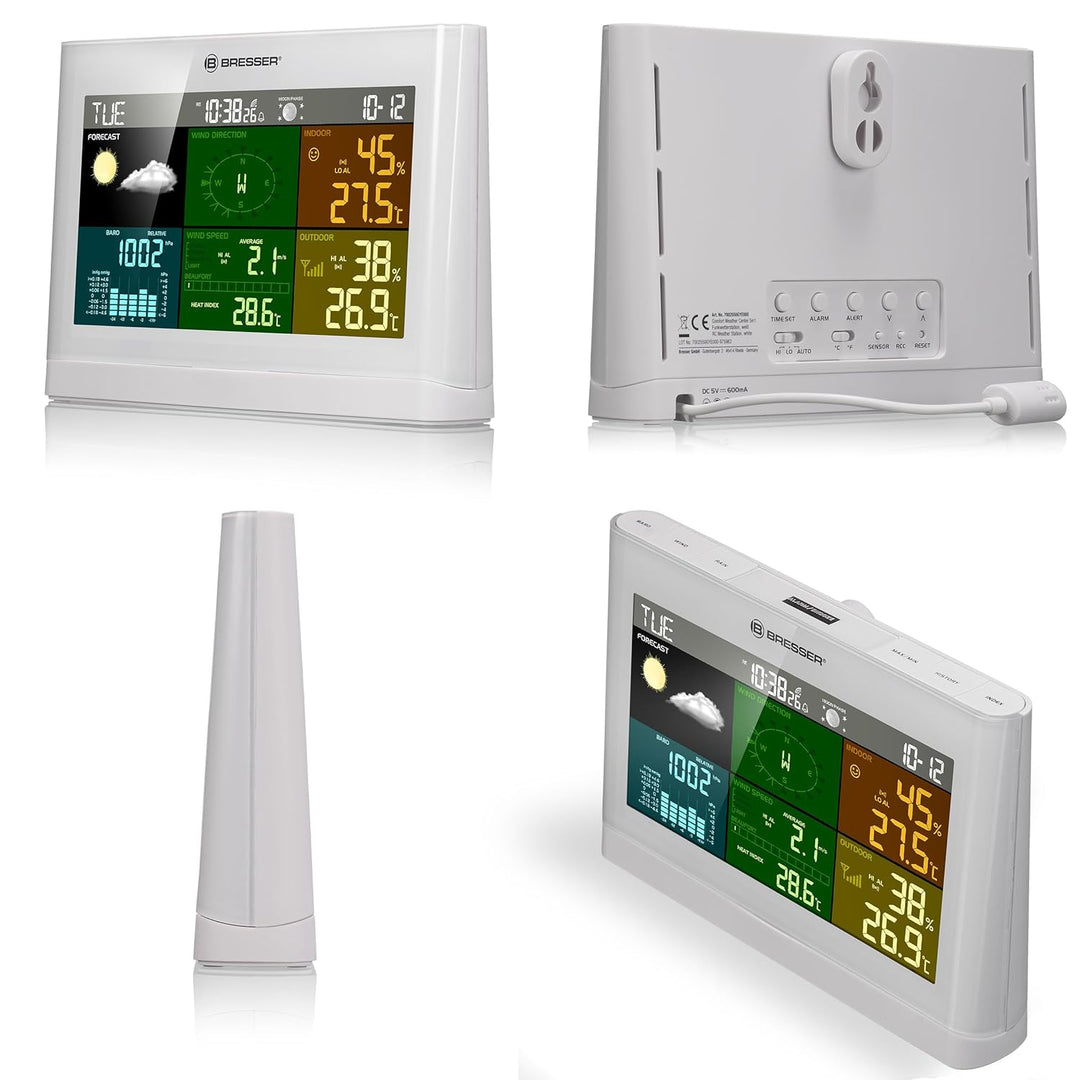 Bresser Basisstation für 5‑in‑1 Wetterstation – Anzeige von Messwerten, Wettertrend, Wecker – Sensor